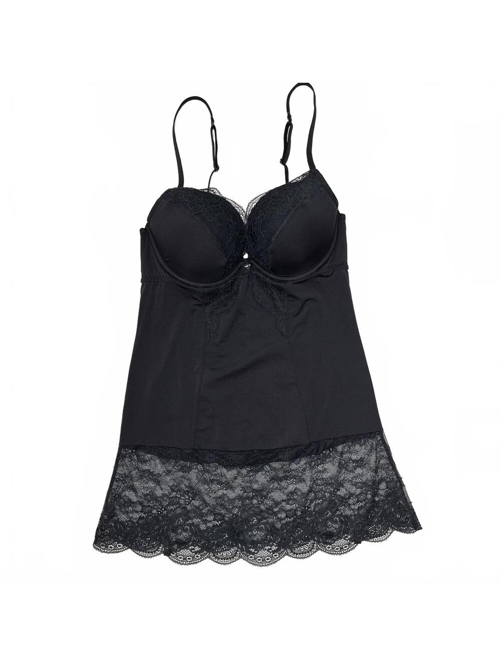 La Senza Black Lace Trim Satin Chemise Push Up Bra No Tag Size ~ Med Romantic